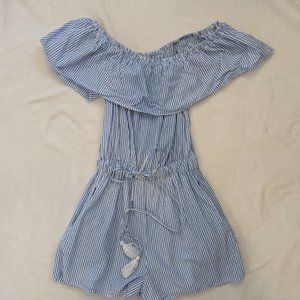 Blue and white strip off shoulder romper - Medium